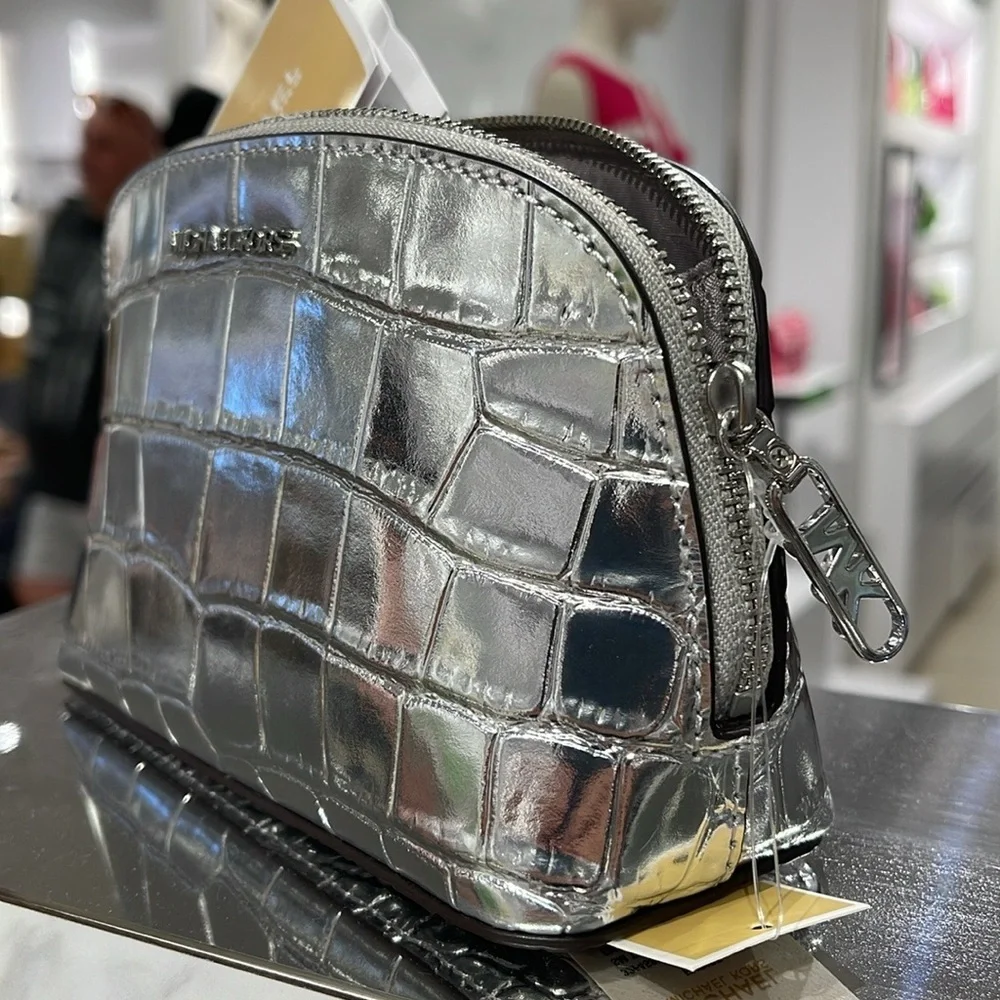Michael Kors Empire Sm Metallic Crocodile Embossed Leather Travel Pouch Silver